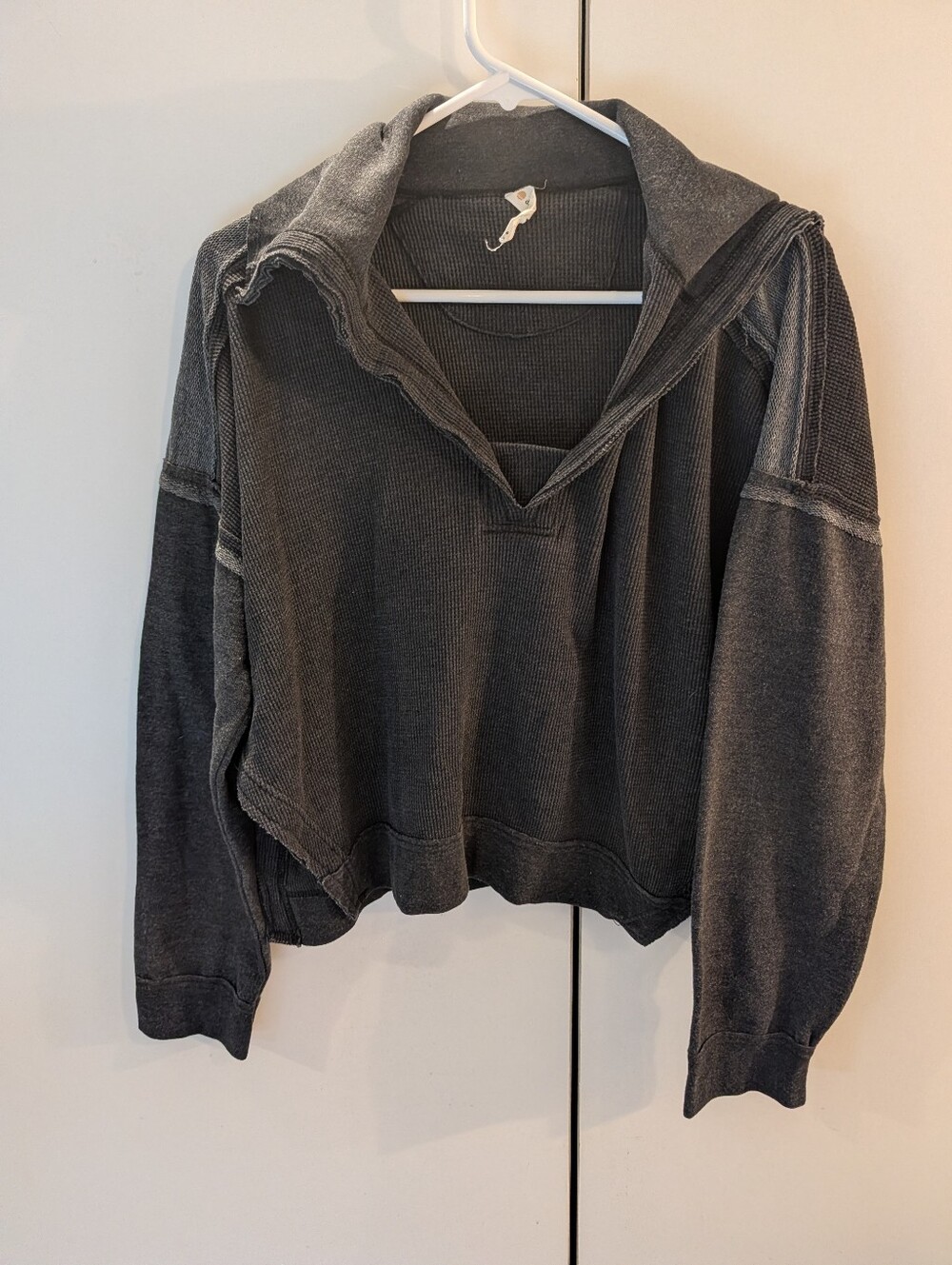 Anthropologie Daily Practice Women’s Washed Black Hooded Waffle Knit Top